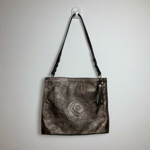 Brighton Valencia Leather Embossed Flower Tassel  Bronze Shoulder Bag